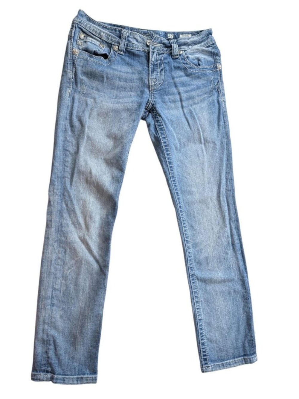 Miss me jeans light blue featuring rhinestones pocket women's size 27